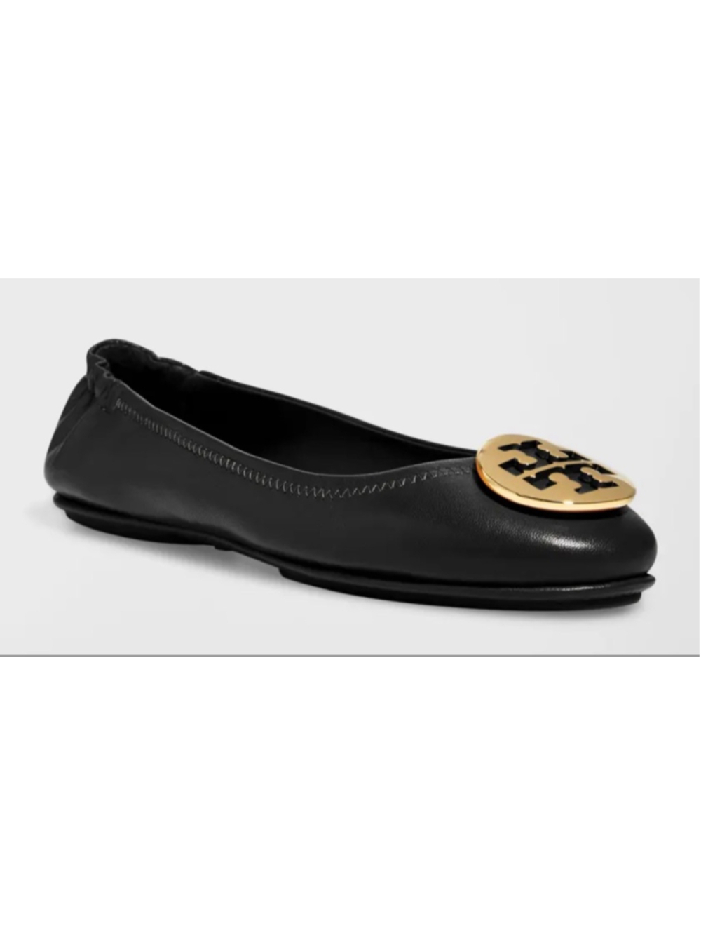 New Tory Burch Minnie Foldable Leather Flats in Black with Gold Logo, Size 8